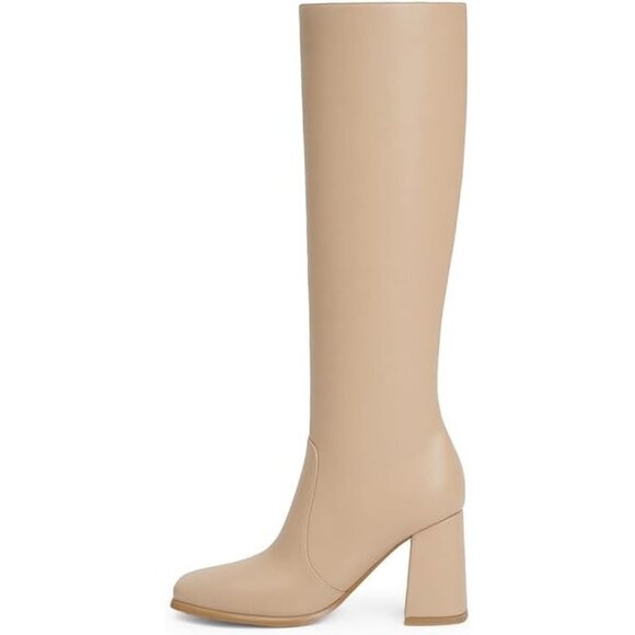 Women's Nude suede Modatope Knee Toe Side Zipper High Heel Square Long boots - Picture 2 of 8